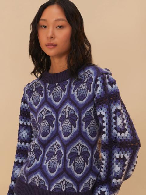 FARM RIO Blue Pinneaple Cobogo Knit Sweater