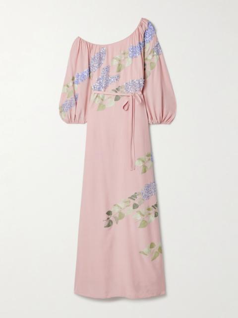 BERNADETTE Nathalie off-the-shoulder embellished silk crepe de chine gown Blush