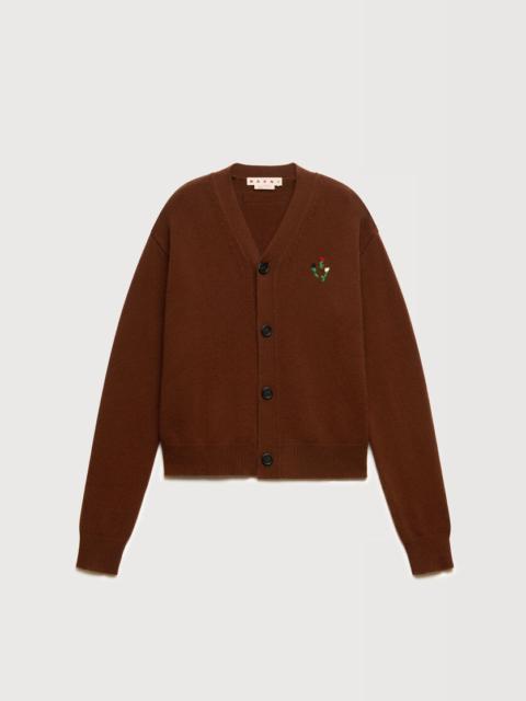 Marni BROWN WOOL-CASHMERE CARDIGAN WITH FLOWER EMBROIDERY