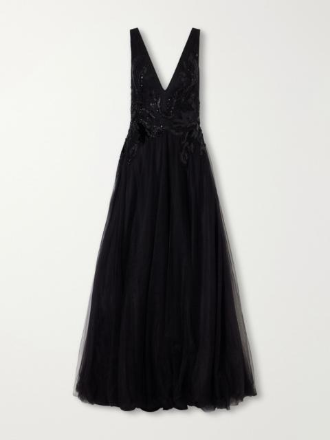 COSTARELLOS Vianna embellished velvet-trimmed tulle gown Black