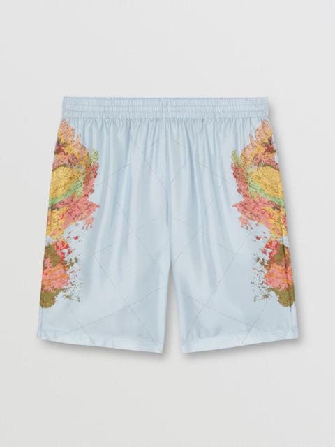 Burberry Map Print Washed Silk Drawcord Shorts
