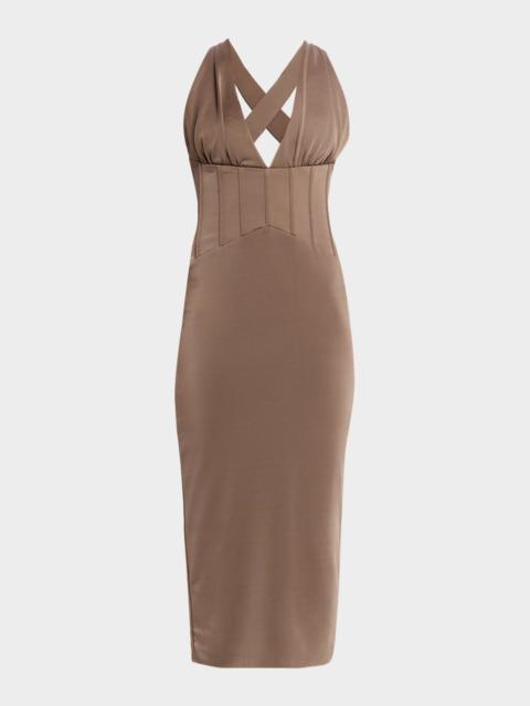 REBECCA VALLANCE Mischa Deep V-Neck Corset Midi Dress