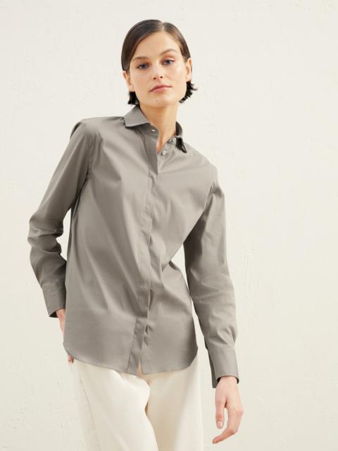 Brunello Cucinelli 신축성 면 Poplin 셔츠 빛나는 칼라 트림
