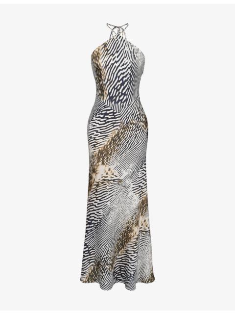 House of CB Luna Halter-Neck Graphic-Print Satin Maxi Dress