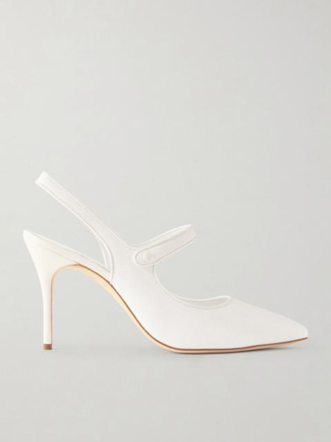 Manolo Blahnik Camparisli 90 leather-trimmed raffia Mary Jane slingback pumps White