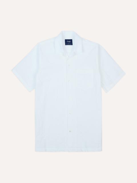 Drake's White Cotton-Linen Seersucker Camp Collar Short Sleeve Shirt