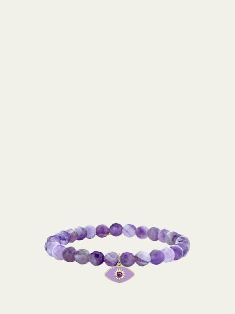SYDNEY EVAN 14K Sunburst Amethyst Evil Eye on Beaded Stretch Bracelet