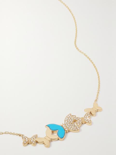 SYDNEY EVAN Small Butterfly 14-karat gold, diamond and turquoise necklace Gold