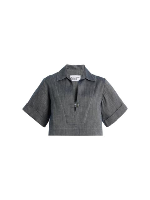 MATTHEW BRUCH Linen-Cotton Denim Popover Shirt navy
