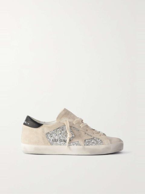 Super-Star leather-trimmed distressed glittered suede sneakers
