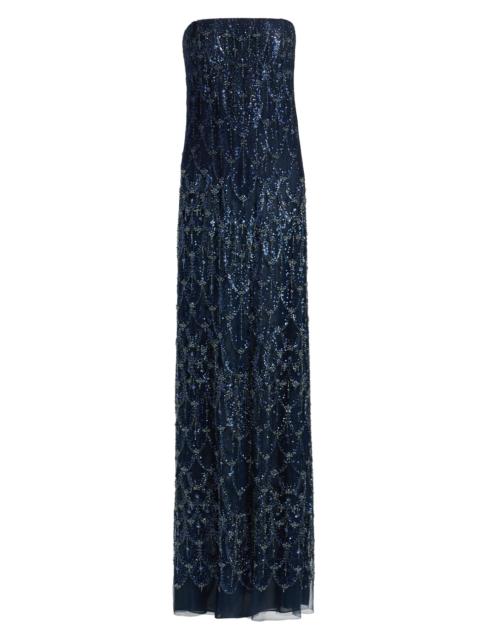 REEM ACRA Women's Beaded Sequin Strapless Column Gown - Navy