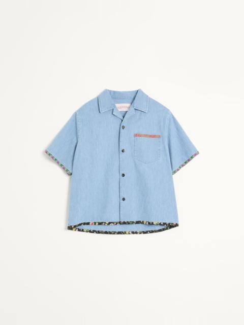 Valentino DENIM BOWLING SHIRT WITH FLORAL PRINT TRIM