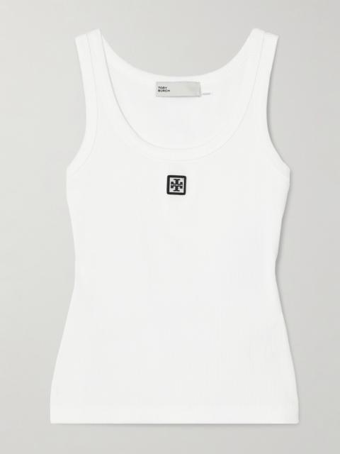 TORY BURCH Embellished Appliquéd Ribbed Cotton-jersey Tank