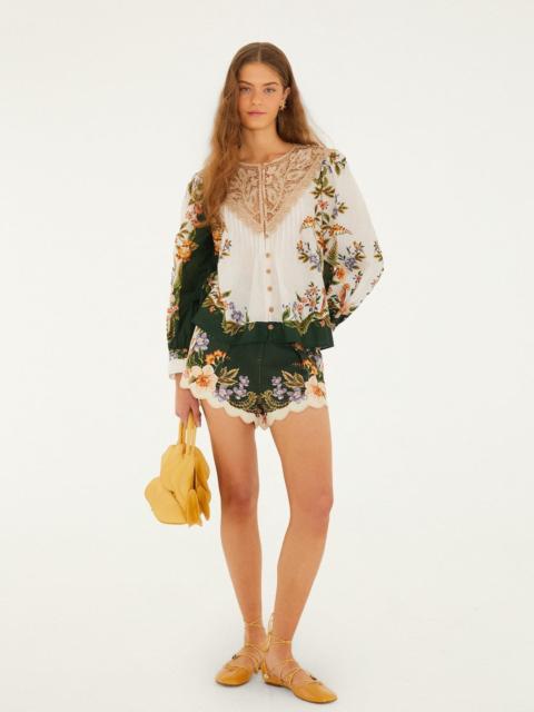 FARM RIO Green Berry Garden Beaded Buckle Twill Shorts