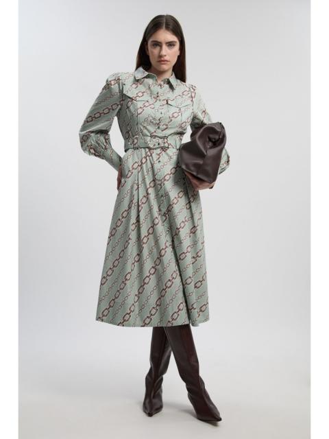 KAREN MILLEN Chain Print Cotton Sateen Belt Detail Woven Shirt Dress