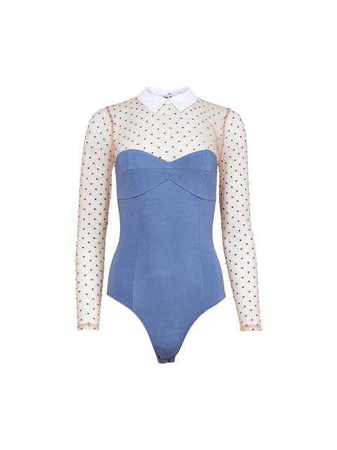 Collared Bodysuit with Dotted Tulle