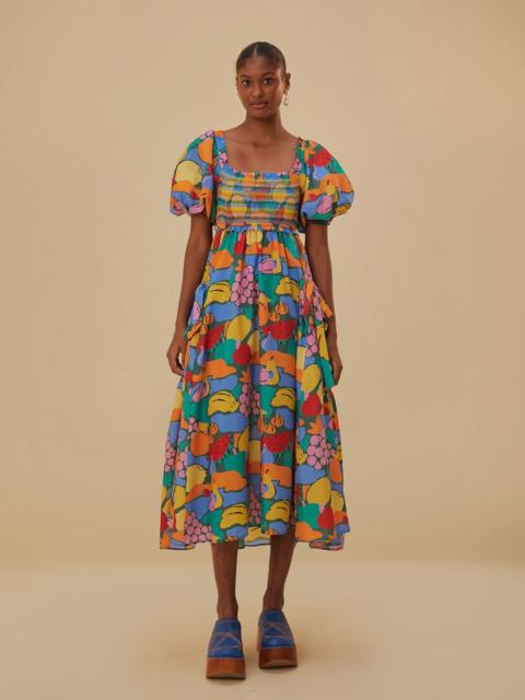 FARM RIO Multicolor Fruit Landscape Short Sleeve Midi Dress