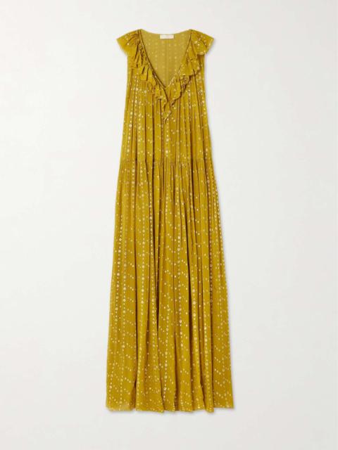 ULLA JOHNSON Audelia ruffled crinkled metallic fil coupé silk-blend maxi dress