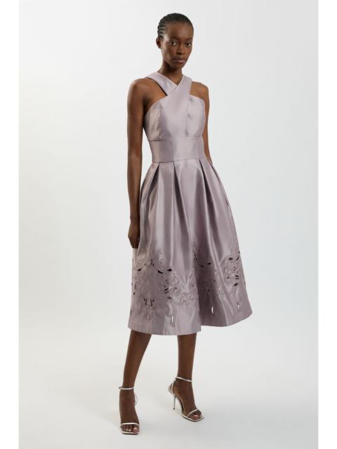 KAREN MILLEN Tailored Satin Cutwork Halter Midi Dress