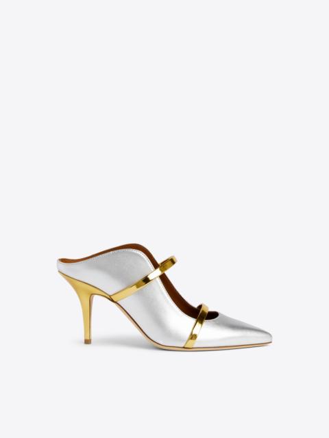 MALONE SOULIERS Maureen 70 Silver Leather Stiletto Mules
