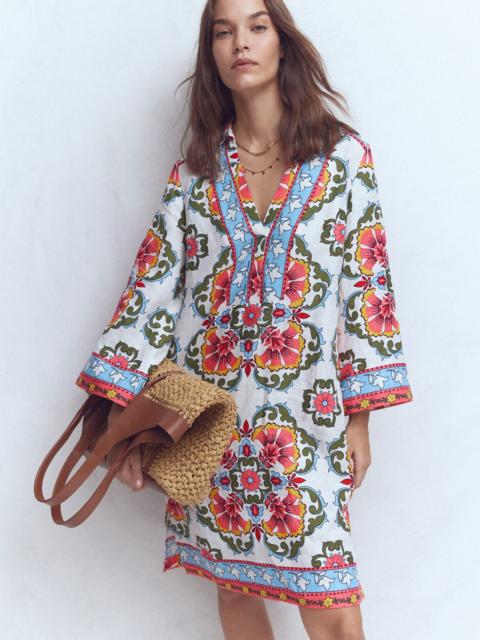 BODEN Carmen Linen Short Dress-Multi, Ornamental Trellis