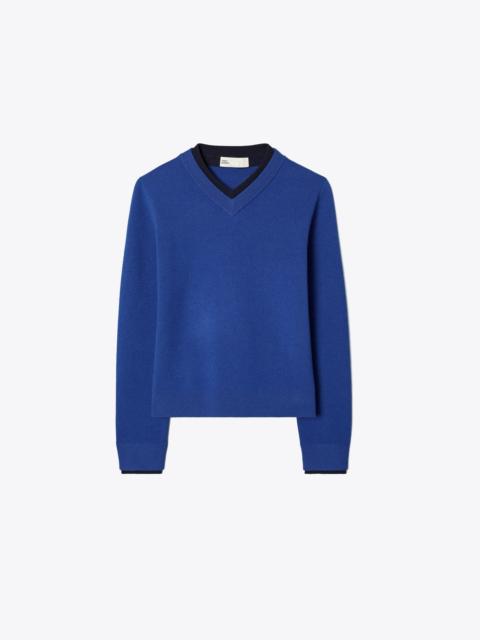 TORY BURCH Wool Double Collar V-Neck Sweater