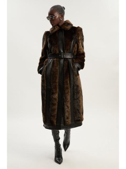 KAREN MILLEN Petite Faux Fur PU Panelled Belted Midi Coat