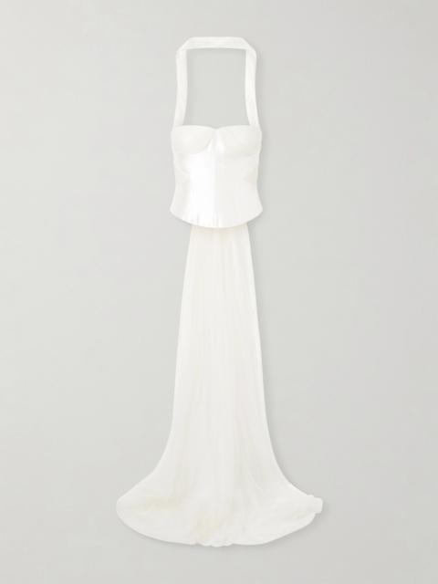 DANIELLE FRANKEL Viola Gathered Draped Tulle-trimmed Wool And Silk-blend Twill Top
