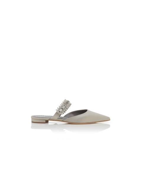 Manolo Blahnik Light Grey Satin Crystal Embellished Flat Mules