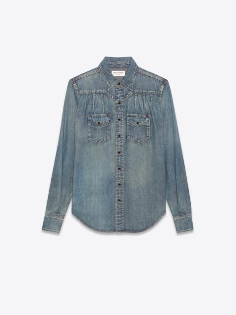 SAINT LAURENT pleated western shirt in dirty medium vintage blue denim