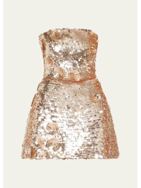 Monique Lhuillier Flower Applique Strapless Sequined Mini Dress