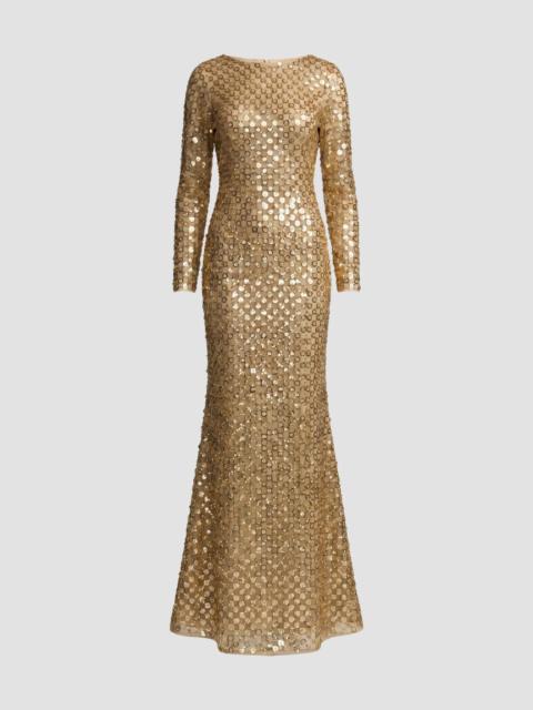 MAC DUGGAL Women's Checker-Beaded Long-Sleeve Column Gown - Gold