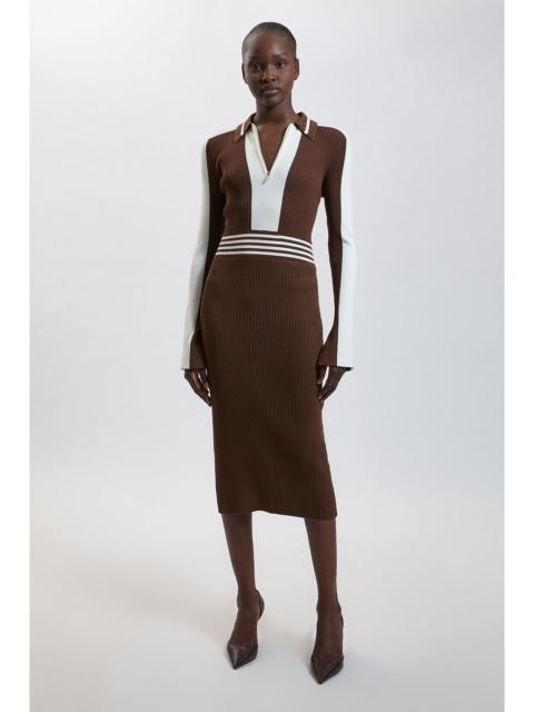 KAREN MILLEN Rib Knit Polo Zip Up Midi Dress