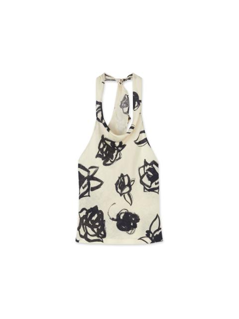 MSGM Blended linen sleeveless top with hooded collar and  brushstroke rose print