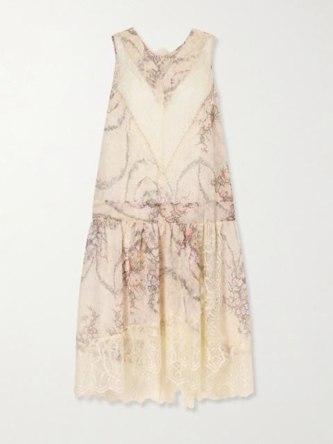 ANNA SUI Floral-print lace-trimmed chiffon midi dress Cream