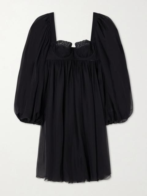 Dolce & Gabbana Pleated Lace-trimmed Silk And Cotton-blend Voile Mini Dress