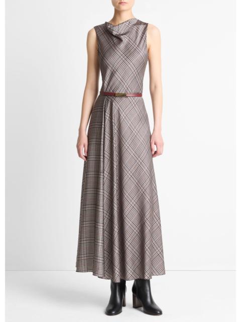 Vince Pressed Plaid Satin Cowl-Neck Dress