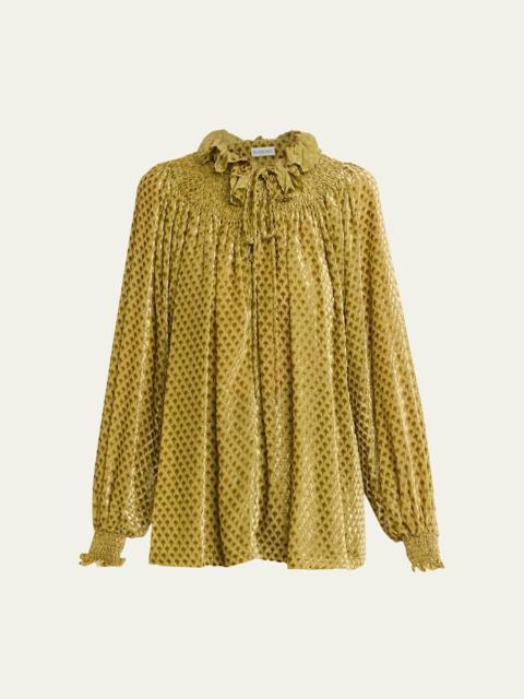 Burberry Velvet Smocked Ruffle Blouse