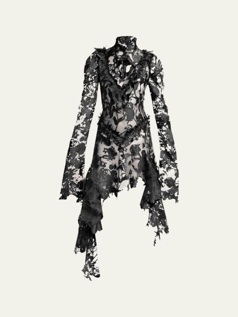 Alexander McQueen Flower Devore Sheer Asymmetric Dress