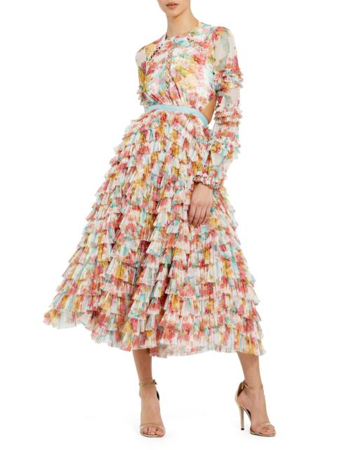 MAC DUGGAL Women's Cocktail Floral Mesh Ruffled Cut-Out Midi-Dress - White Multi