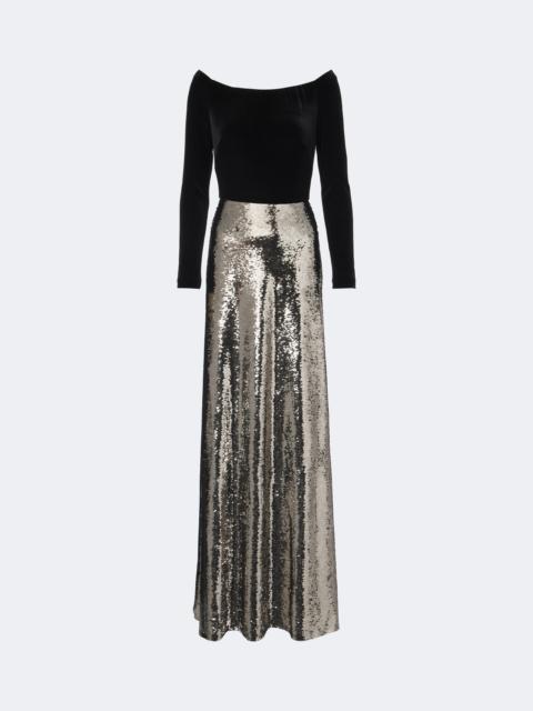 Monique Lhuillier Sequined velvet-paneled off-shoulder gown