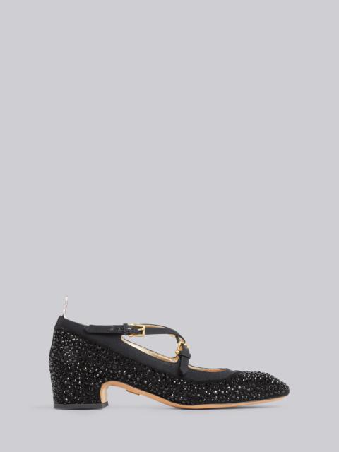 Thom Browne Black Crystal Suede Calfskin Block Heel Criss Cross Mary Jane