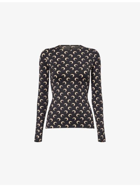 Marine Serre Long-Sleeve Logo-Print Stretch-Jersey Top