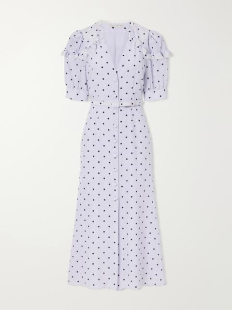 Alessandra Rich Belted Polka-dot Lace-trimmed Silk Midi Dress