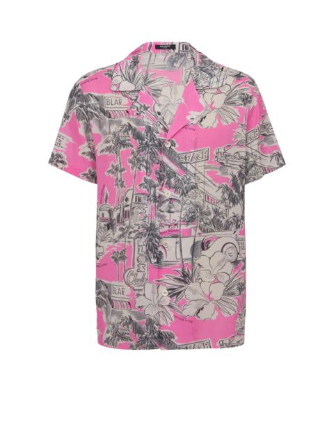 Short-sleeved silk pyjama shirt with Miami print