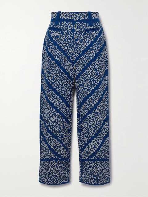 BODE Bombora Cropped Embroidered Wool-blend Wide-leg Pants
