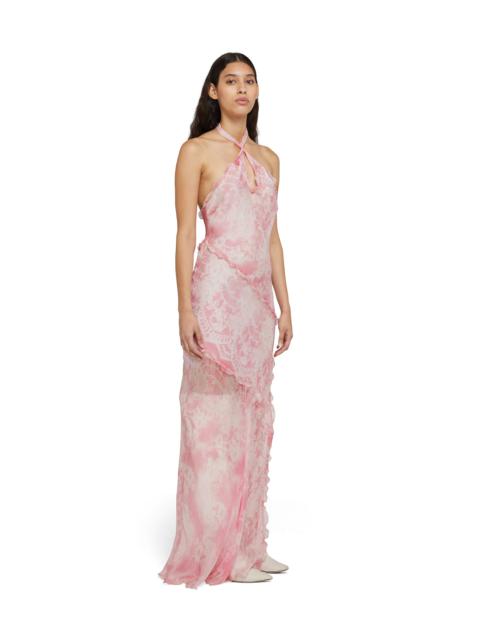 MSGM Silk chiffon long dress with "trompe l'oeil lace" print