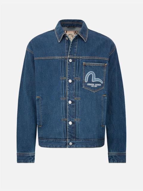 EVISU Zip-up Daruma and Fortune Cat Appliqué Denim Jacket