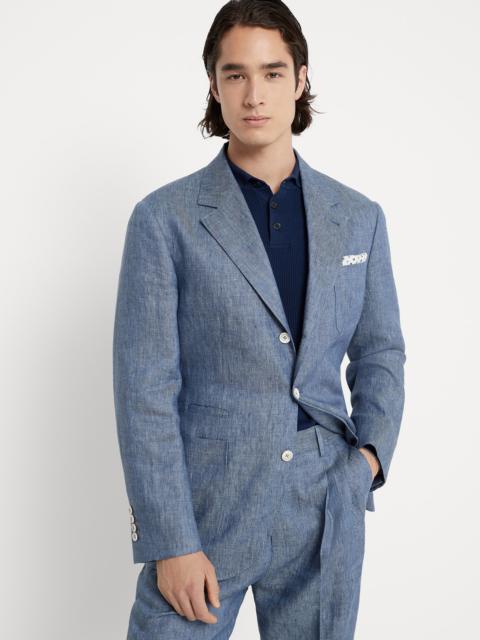 Denim-effect linen deconstructed blazer with patch pockets