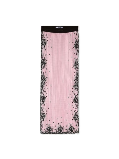 MSGM 공단 긴 스커트 마이크로 주름과 "blossom"인쇄